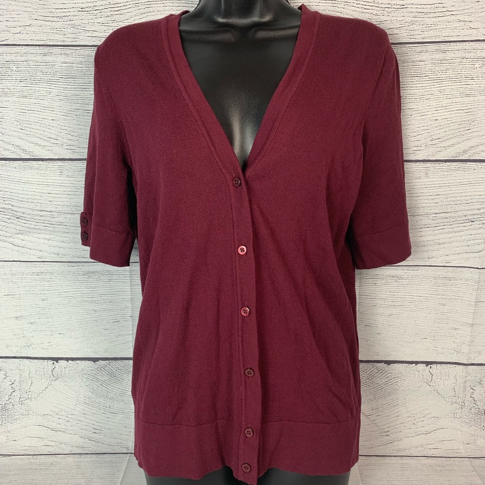 ANN TAYLOR Cardigan Sweater Large Short Sleeve Burgandy Maroon